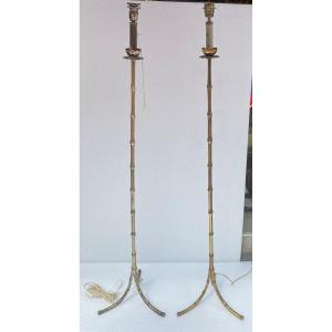 1970′ Pair Of Floor Lamps In Gilt Bronze Maison Baguès Bamboo Model H 160 Cm