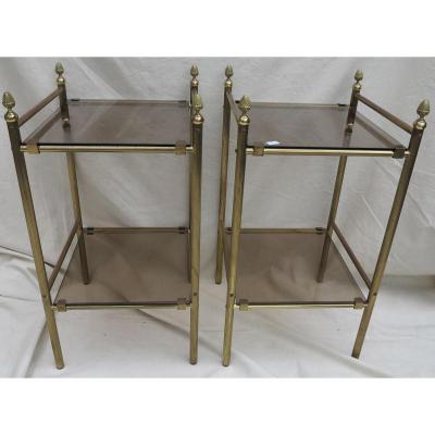 1970 Side Table Pair 37 X 37 In Brass Maison Bagués With Bronze Pin Cone