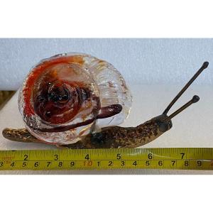 1970/80 Snail In Bronze And Glass Paste, Sculpture Signed Lohe