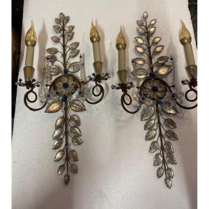 1950/70′ Pair Of Maison Baguès Marguerite Sconces H 57 Cm With Blue Glass Beads