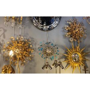 1970′ Pair Of Wall Lamps Decorated With Flowers And Leaves In Golden Metal And Glass