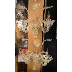 1950/70′ Pair Of 2-arm Sconces In Murano Crystal With Gold Flakes 45 Hx 38 X 20 Cm