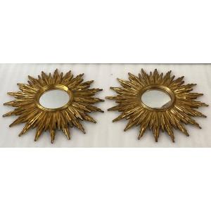 1970′ Pair Of Mirrors Or Similar Soleil Golden Resin ø 48 Cm