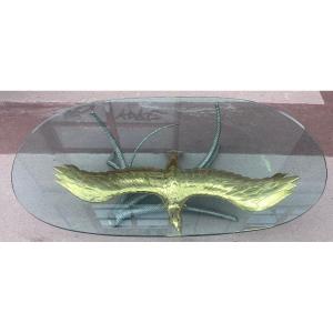 1980′ Coffee Table Alain Chervet Eagle With Spread Wings Brass And Iron Signed