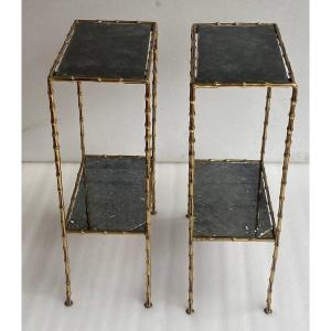 1950/70′ Pair Of Gilt Bronze Tables Bamboo Decor On 2 Levels Maison Baguès Mirror Trays