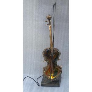1970/80 Violin Lamp In Bronze And Glass Paste, Sculpture Signed Lohe