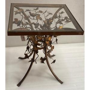 1970′ Pedestal Table In Patinated Iron With Plant Decor And Birds 525 X 525 Cm Height: 60 Cm