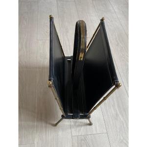 1950/70′ Jacques Adnet Magazine Holder Leather And Bronze Or Polished Brass
