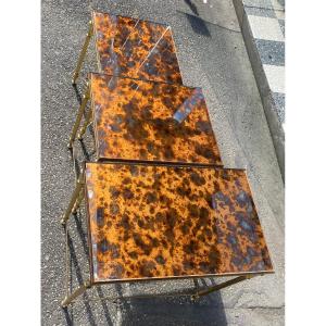 1970′ Set Of 3 Maison Baguès Nesting Tables In Gilded Bronze, 3 Old Oxidized Mirror Tops