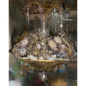 1970′ Brass Chandelier Gilded Plant Decor Maison Bagués Style, Glass Leaves And Flowers