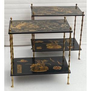 1950′ Pair Of Maison Baguès Tables Bamboo Decor Gilt Bronze And Chinese Lacquers 60 X 36 H 63