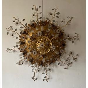 1970′ Ceiling Or Wall Light With Leaf Decoration In Metal And Glass Maison Baguès Ou Banci ø 110