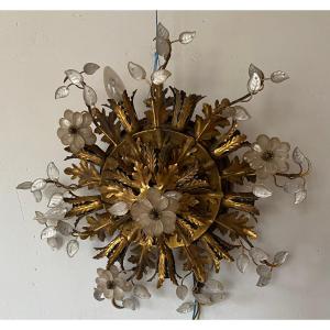 1970′ Ceiling Or Wall Light With Leaf Decoration In Metal And Glass Maison Baguès Ou Banci ø 60