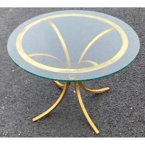 1960′ Gold-gilded Wrought Iron Coffee Table By Roger Thibier ø 70 H 51 Cm