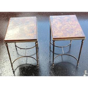 1950/70′ Pair Of Bronze Sofa End Tables, Tray Decorated With Oxidized Chinese Lacquer Maison Jansen