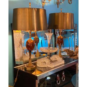 1950/70 Pair Of Bronze Lamps With Brass Shades And Fractable Resin Egg Signed Charles