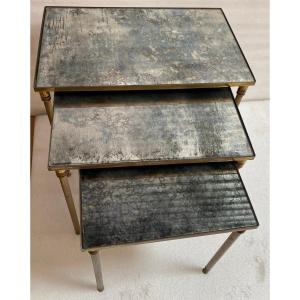 1970′ Set Of 3 Maison Baguès Nesting Tables In Patinated Bronze With Aged Oxidized Mirror Tops 