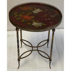 1950/70′ Bronze Coffee Table With Bamboo Decor, Red Chinese Lacquer Top, Maison Baguès Style, ø 40