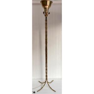 1950/70 Floor Lamp In Gilt Bronze Maison Bagués 4 Rods Bamboo Decor H 172 Cm
