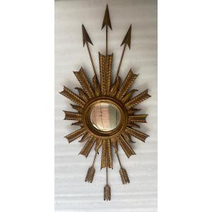 1950/70 'convex Sun Mirror With Arrows Wood And Gilded Iron H 100 Cm