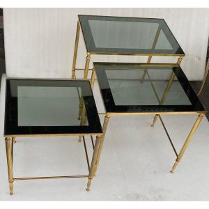 1970′ Set Of 3 Gilt Bronze Nesting Tables With Smoked Glass Tops