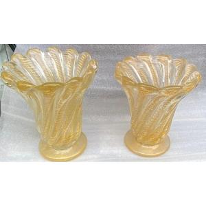1970′ Similar Twisted Murano Crystal Vases With Murano Gold Sequins H 26 And 24.5 Cm