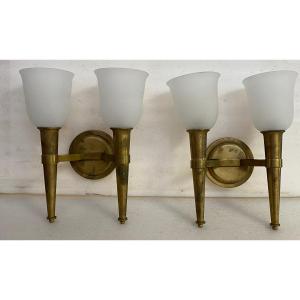 Jean Perzel (1892 – 1986) “model 909” Known As “flambeau” Circa 1950 Pair Of Brass Wall Lights