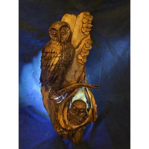 1990′ Jacques Lerebourg Family Of Owls Wrought Iron Wall Light H 77 Cm