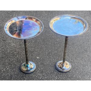 1970′ Pair Of Silver Metal Pedestal Tables ø 30 Cm H 47 Cm