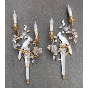 1950/70′ Pair Of Parakeet Wall Lights Resting On A Sheath, Maison Baguès H 63 Cm