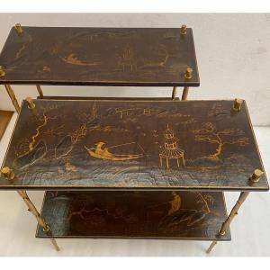 1950/70′ Pair Of Maison Charles ,agostini Style Tables, Chinese Lacquer Bronze 62 X 28 H 53 Cm