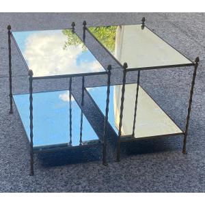 1950's Pair Of Maison Baguès Bamboo Decor Tables In Bronze With Aged Oxidized Mirror Tops