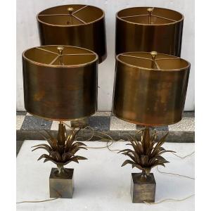 1950/70 Set Of 4 Bronze Lamps With Lotus Flower Decor Signed Charles