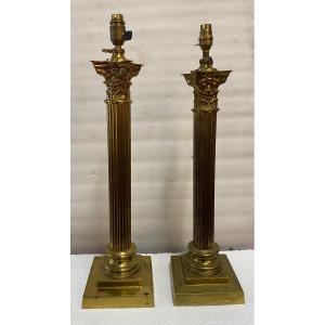 1900' Pair Of Renaissance Style Bronze Lamps With Corinthian Capitals
