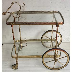 1970′ Maison Bagués Rolling Cart In Brass And Gilt Bronze With Large Spinning Wheels