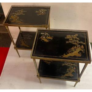 1970′ Pair Of Bronze Side Tables Maison Jansen Chinese Lacquer Trays 47 X 33 Cm