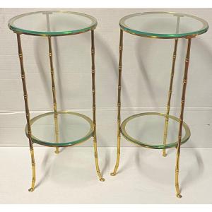 1970′ Pair Of Gilt Bronze Pedestal Tables Maison Bagués Bamboo Decor ø 24 Xh 50 Cm