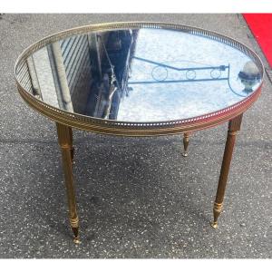 1970′ Bronze Coffee Table With Gallery Maison Jansen Aged Oxidized Top ø 65 H 46 Cm