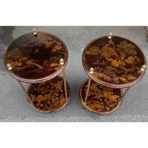 1950/70′ Pair Of Maison Baguès Pedestal Tables Bamboo Decor Gilt Bronze And Chinese Lacquer ø 40 H70 Cm