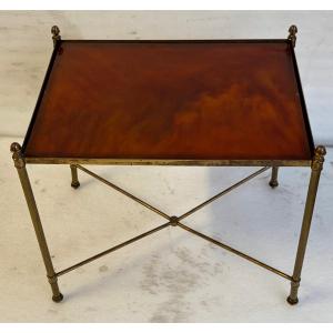 1970s Baguès Maison Table In Gilt Bronze, Amber-effect Bakelite Top, 38 X 50 X 46 Cm (h) 