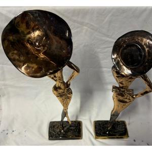 1970/80 'the 2 Elegant Women In Hats' Bronze Sculptures, Signed Lohe