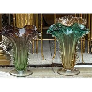 1970s Pair Of Vases Or Similar Murano Crystal Unsigned H 33 Cm