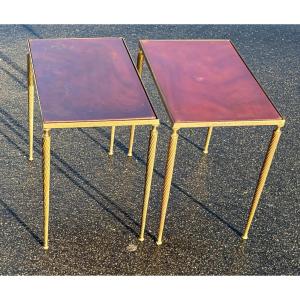1970s Pair Of Maison Baguès Tables, Gilt Bronze, Amber-effect Bakelite Top, 30 X 50 X H 51