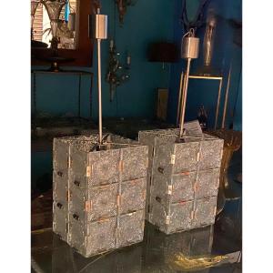 1950/70 Pair Of Cube Chandeliers By Kamenicky Senov H 70 X 35 X 25 X 25 Cm