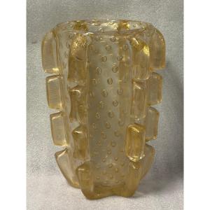 1970s Murano Crystal Vase With Gold Leaf Signed Barovier I Toso H 36 X 26 Cm