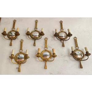 1950s/70s Set Of 10 Gilt Bronze Wall Sconces With Convex Mirror Signed Petitot