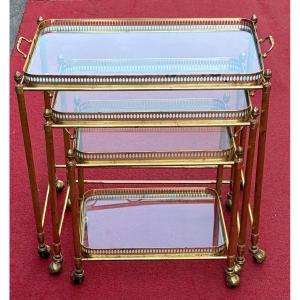 1970s Set Of 3 Rolling Nesting Tables In Gilt Bronze With Removable Toppers
