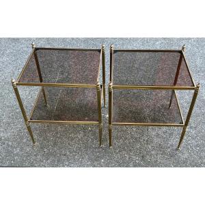 1970s Pair Of Bronze Side Tables, 2 Tiers, Maison Baguès, Glass Top, 48 X 41 X 60 Cm (h)