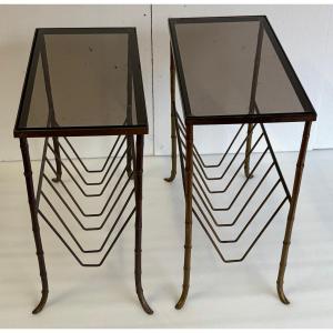 1970s Pair Of Baguès Bronze Magazine Racks With Smoked Glass Top, 50 X 25 X 48 Cm (h)