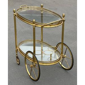 1970′ Rolling Bar In Bronze And Gilded Brass Maison Baguès Oval Trays